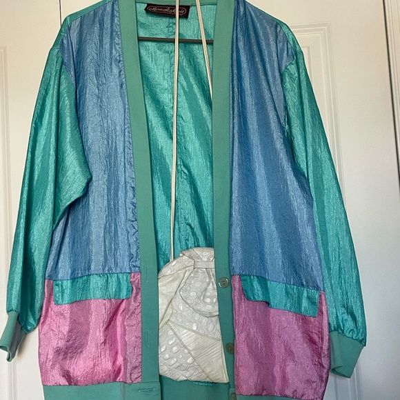 Marie St. Monet Sweaters - Vintage Marie St. Monet Colorblock Jacket | Teal Blue Pink Silk Feel Button Fron